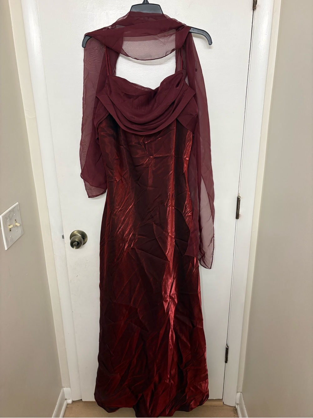 Vintage Eureka USA Red Satin Cowl Maxi Gown Chiffon Wrap Scarf Y2K Prom Plus 2XL
